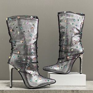 Azalea Wang Embellished Silver Stiletto Boots Like New! Size 6